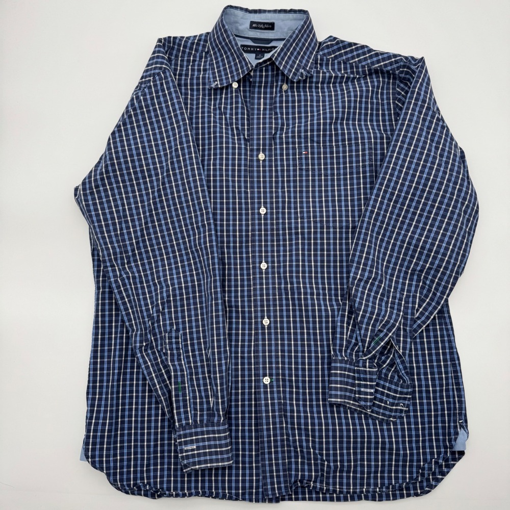 Tommy Hilfiger Mens Navy Blue Plaid Button Down Shirt Long Sleeve Cotton Medium
